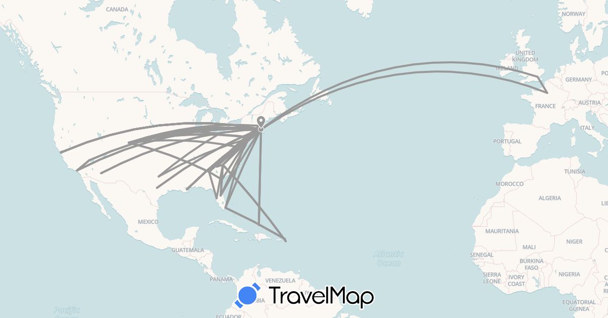 TravelMap itinerary: driving, bus, plane in France, United Kingdom, Turks and Caicos Islands, United States (Europe, North America)